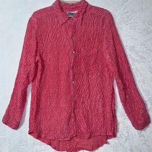 Chico's Design Women's Coral Silk Crinkle Blouse Standard Size L Long Sleeve